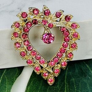 Vintage Pink Rhinestone Heart Brooch Pin Leaf Gold Tone Romantic Jewelry Ice